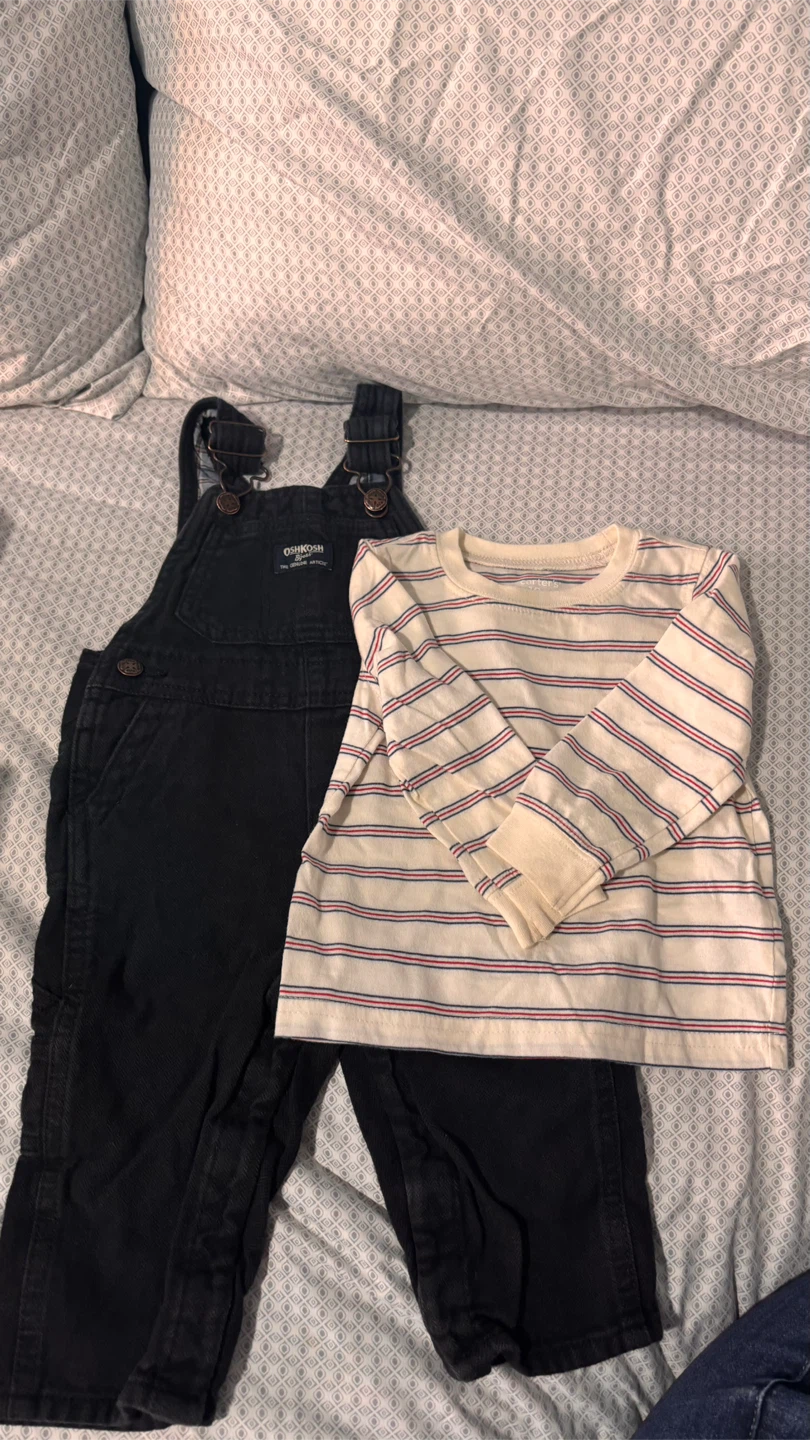 OshKosh B'gosh Green Corduroy Overalls and Striped Shirt Set