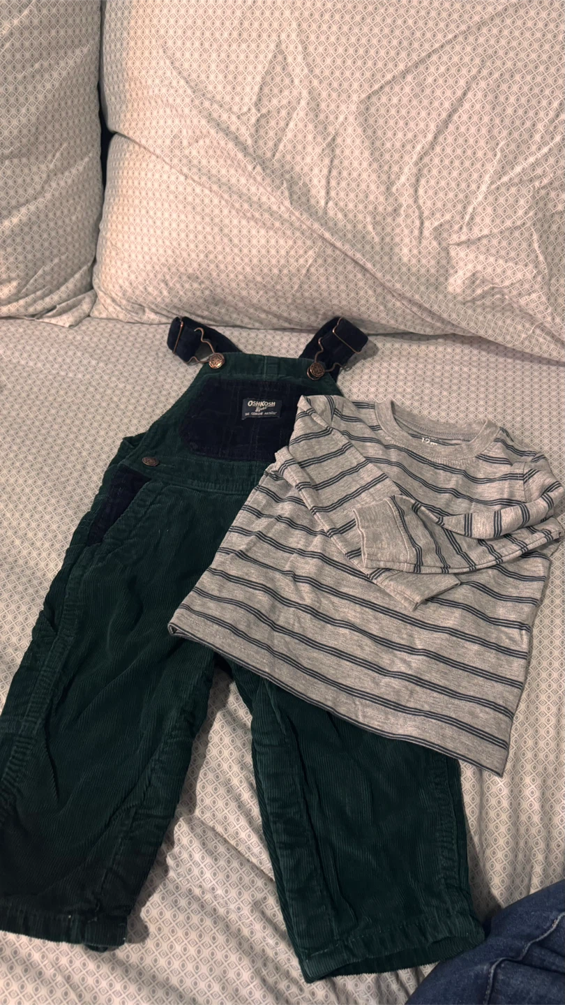 OshKosh B'gosh Green Corduroy Overalls and Striped Shirt Set - photo 2