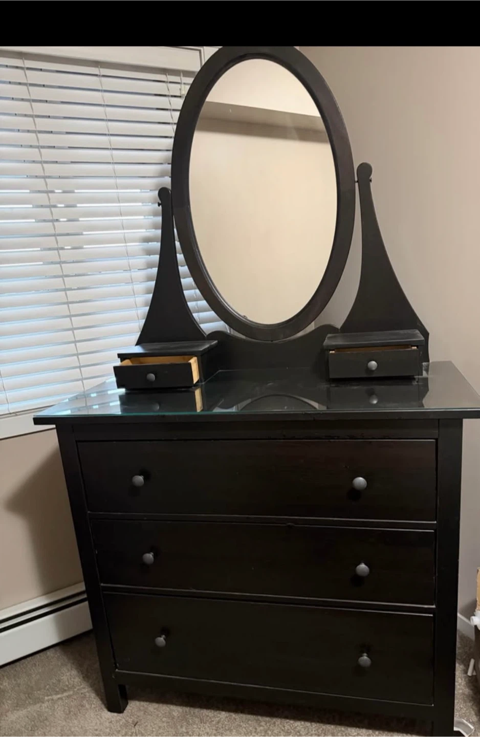 Brown/Black dresser with oval mirror and two small top drawers