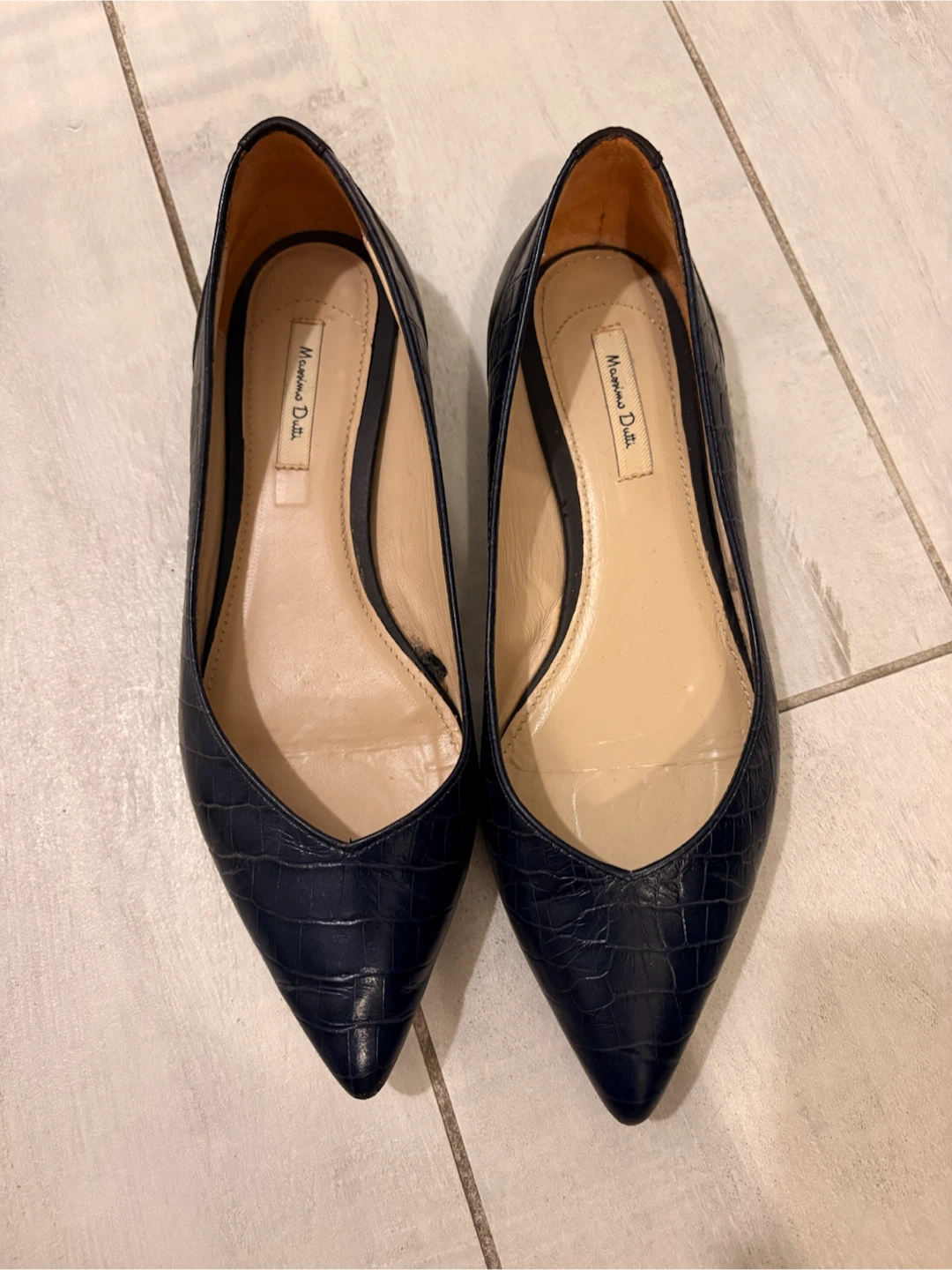 Massimo Dutti Navy Croc Embossed Pointed Toe Flats Size 38