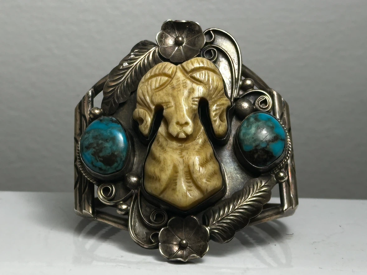 Richard Begay Navajo Carved Ram Turquoise Silver Cuff