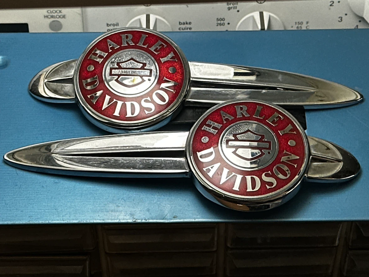 OEM Harley Softail Deluxe Red Chrome Fuel Tank Emblems