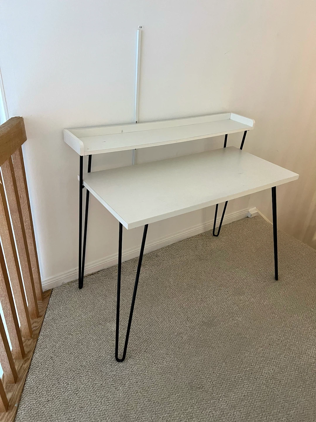 White Modern Desk with Upper Shelf & Hairpin Legs