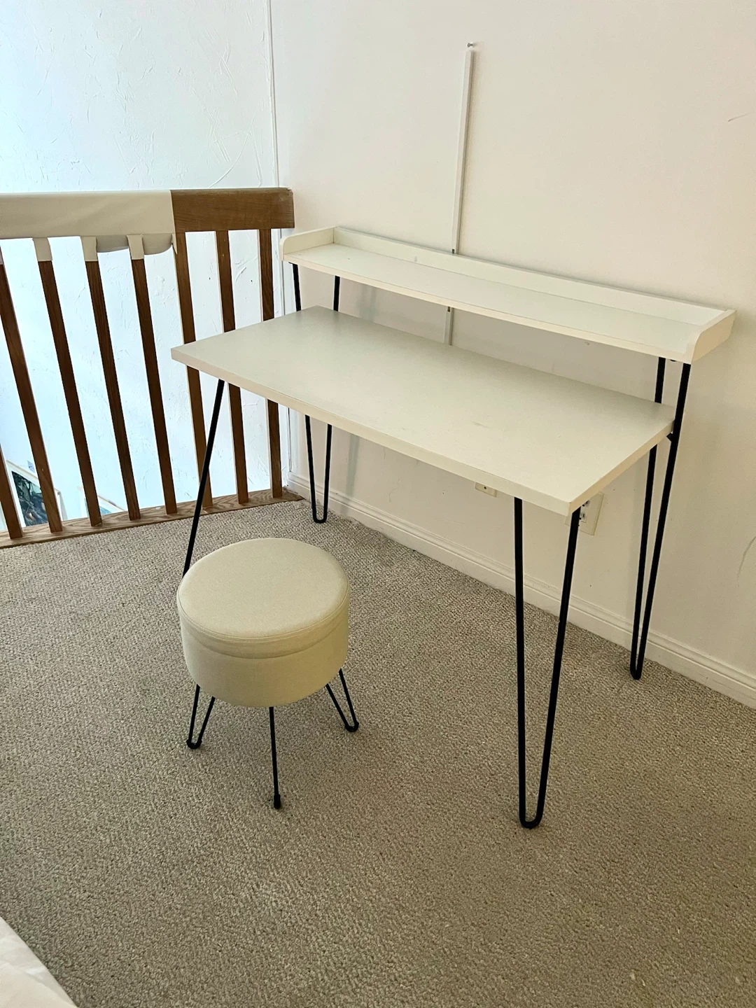 White Modern Desk with Upper Shelf & Hairpin Legs - photo 2