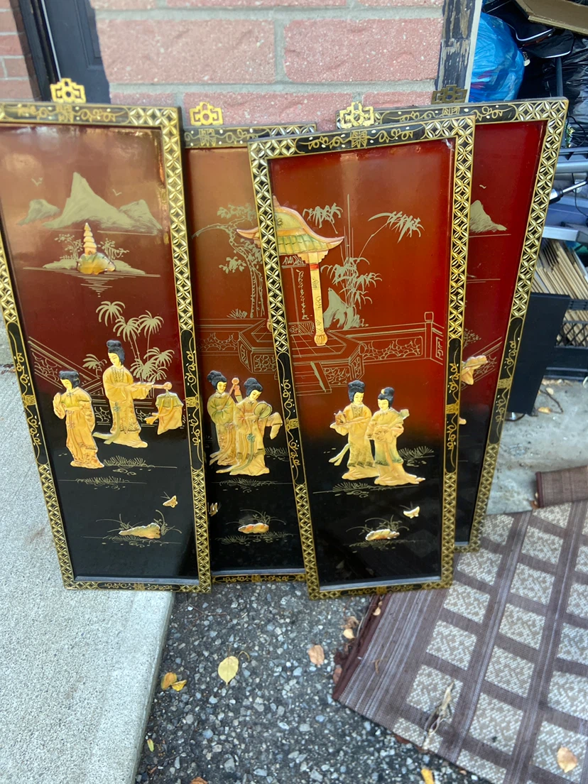 Set of 4 Vintage Asian Lacquer Wall Panels