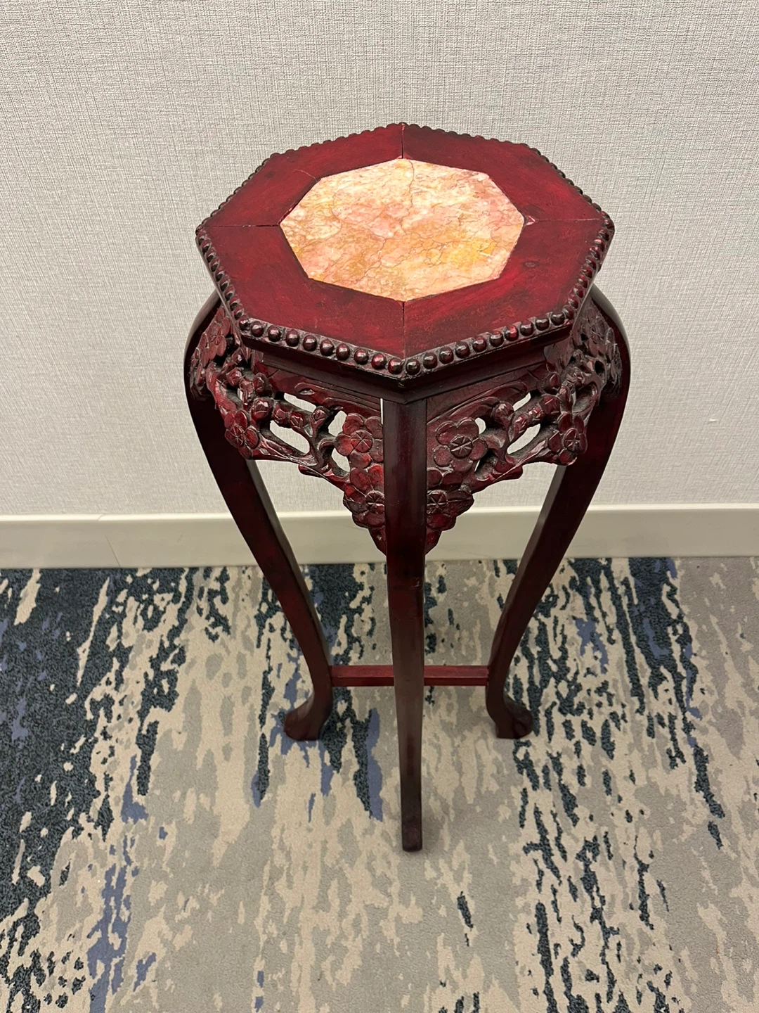 Vintage Chinese Hexagonal Wood and Marble Plant Stand