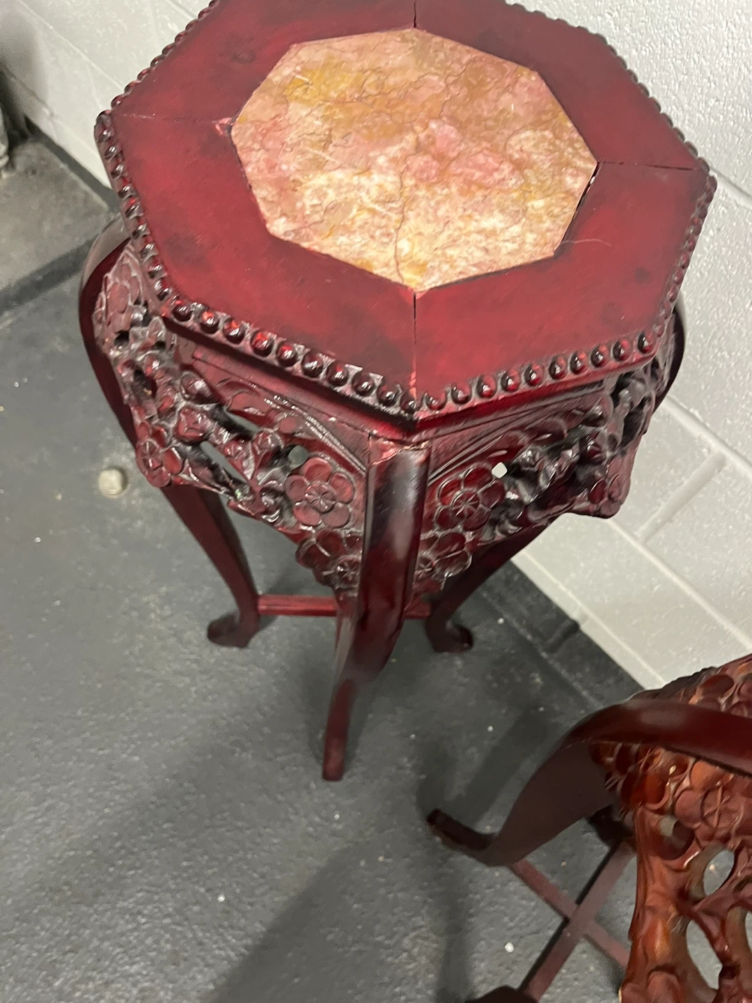 Vintage Chinese Hexagonal Wood and Marble Plant Stand - photo 2