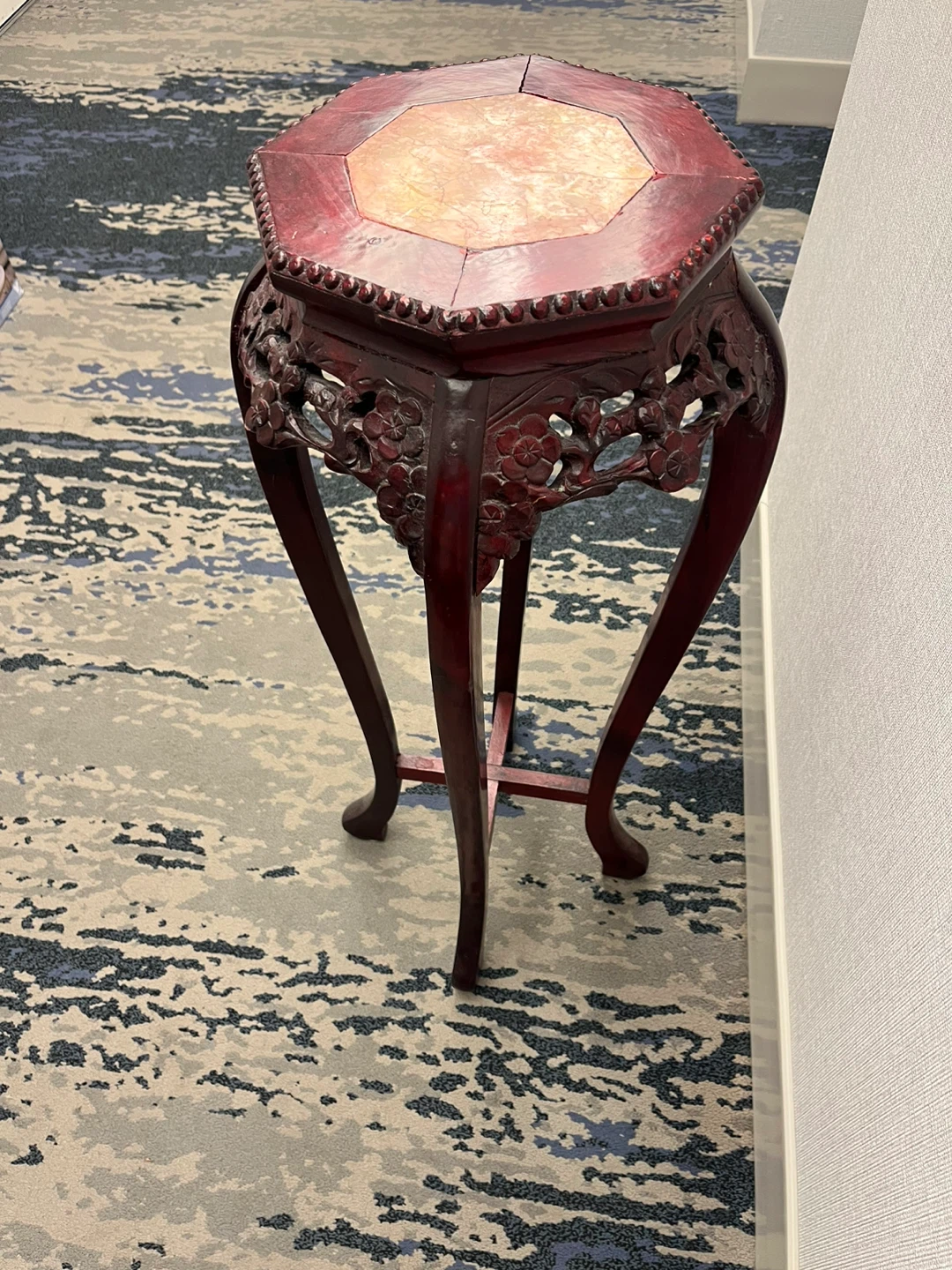 Vintage Chinese Hexagonal Wood and Marble Plant Stand - photo 3