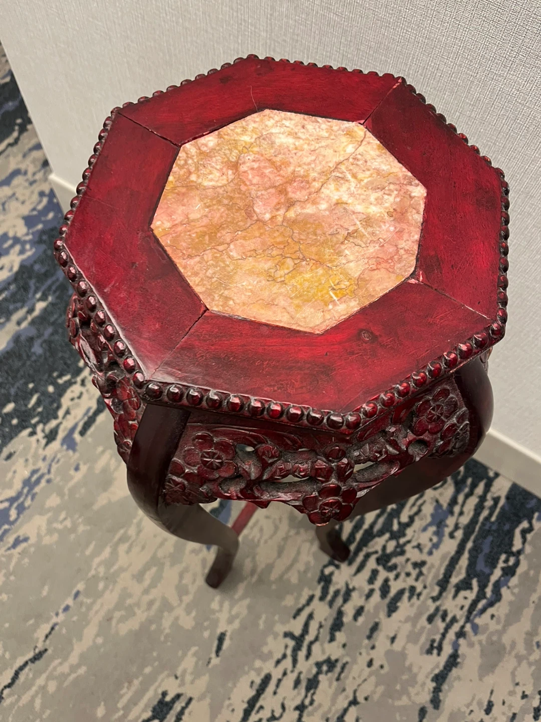 Vintage Chinese Hexagonal Wood and Marble Plant Stand - photo 4