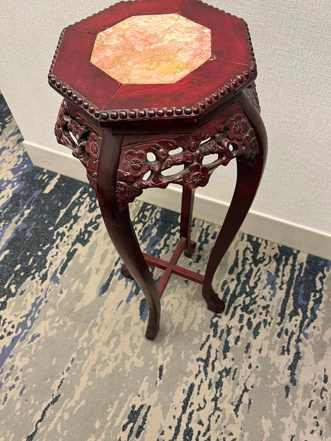 Vintage Chinese Hexagonal Wood and Marble Plant Stand - photo 5