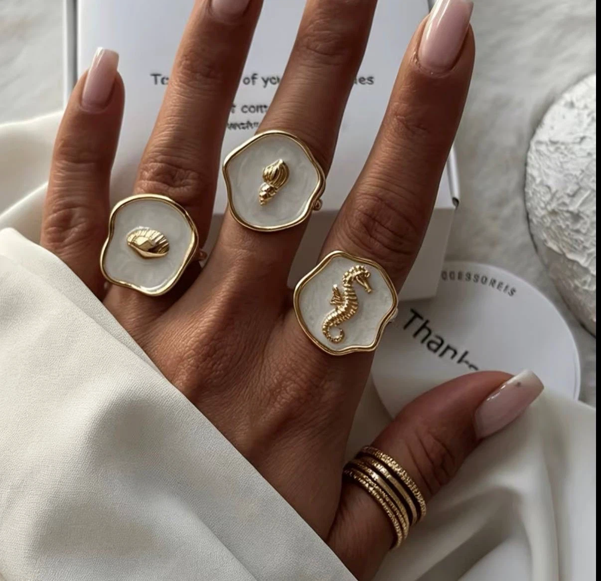Ocean-Inspired Ring Set – Seashell, Seahorse & Twist Band