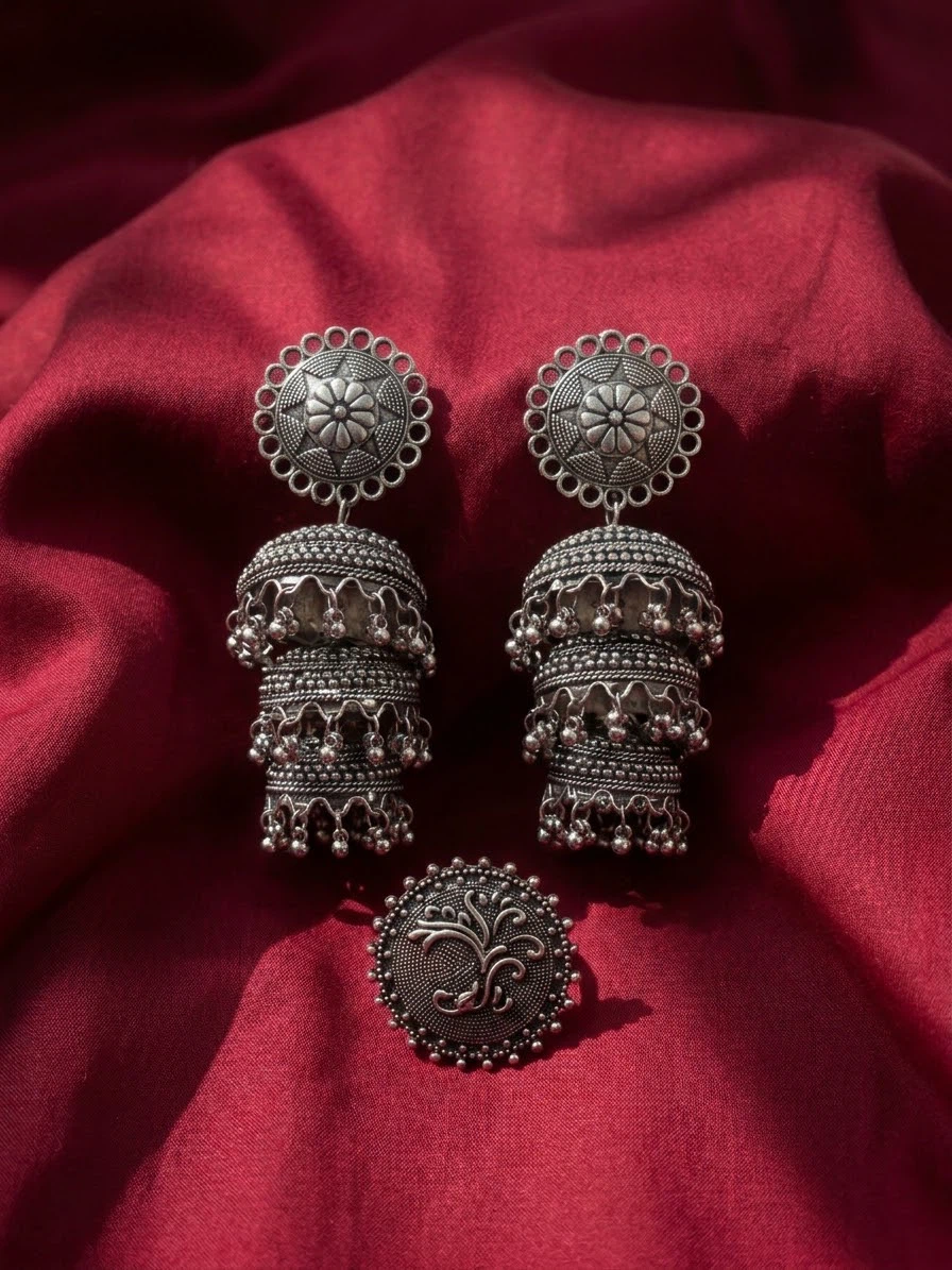 Silver Tone Jhumka Earrings and Ring Set