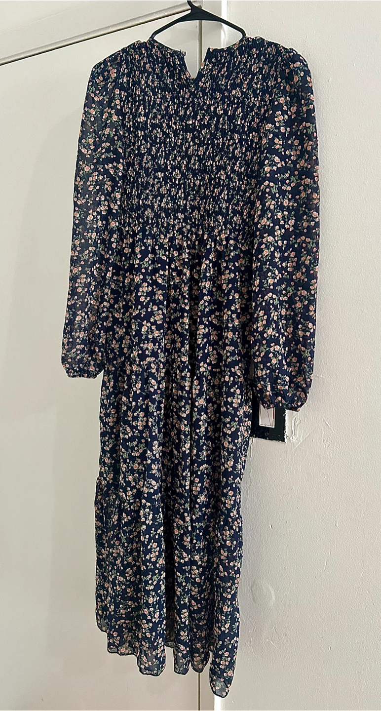 Navy Floral Smocked Maxi Dress