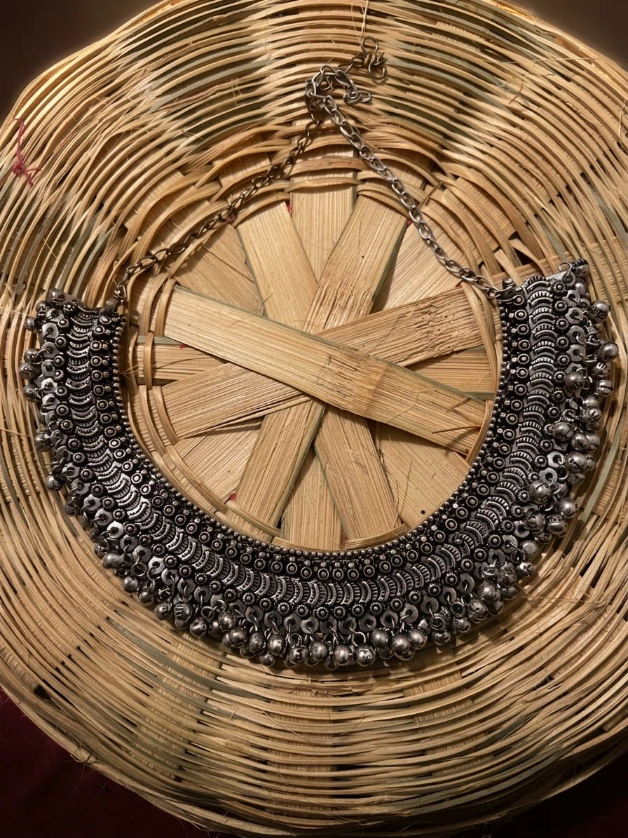 Silver Tone Choker Necklace with Bells