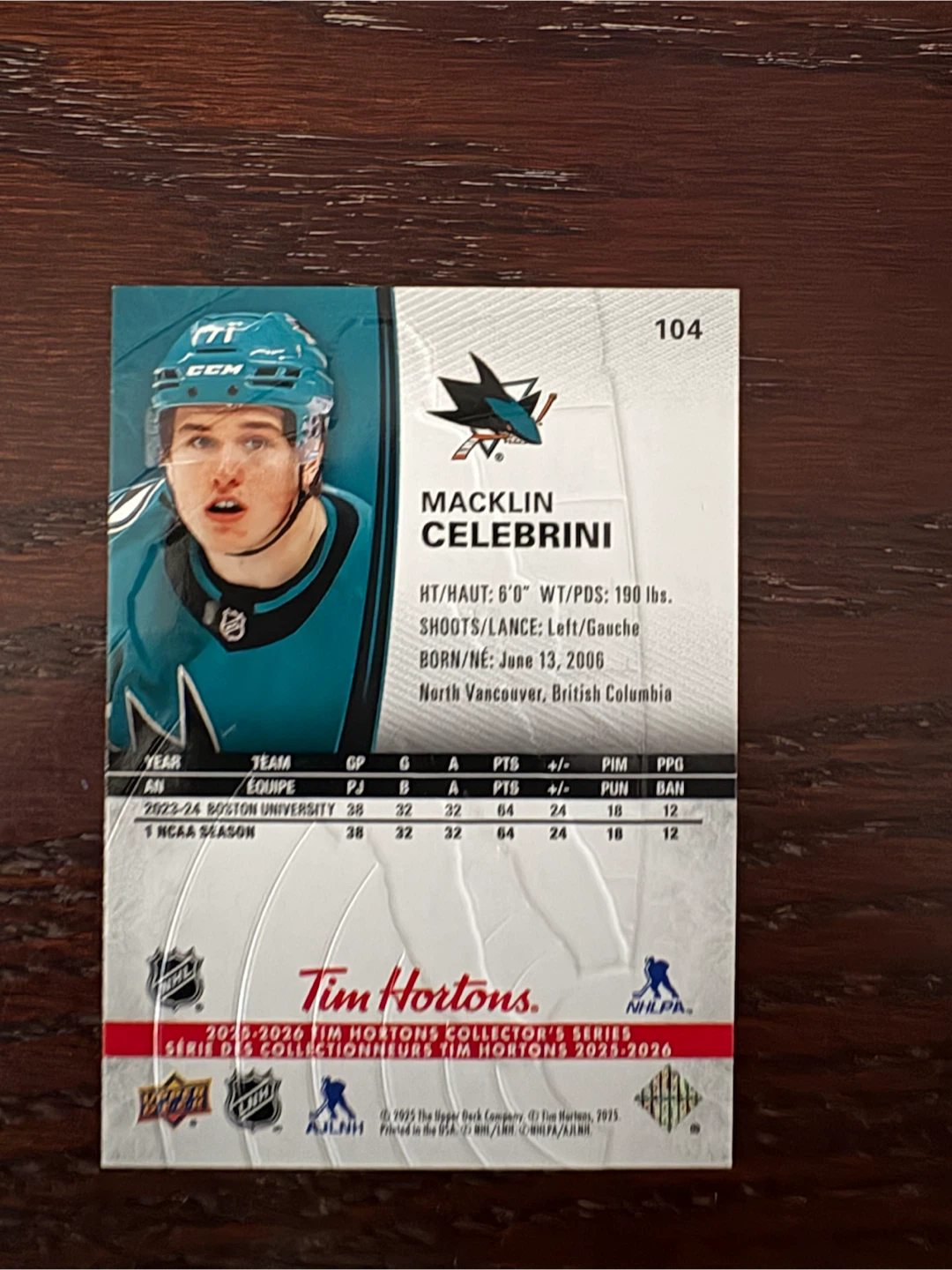 Macklin Celebrini 2025-2026 Tim Hortons Trading Card - photo 2