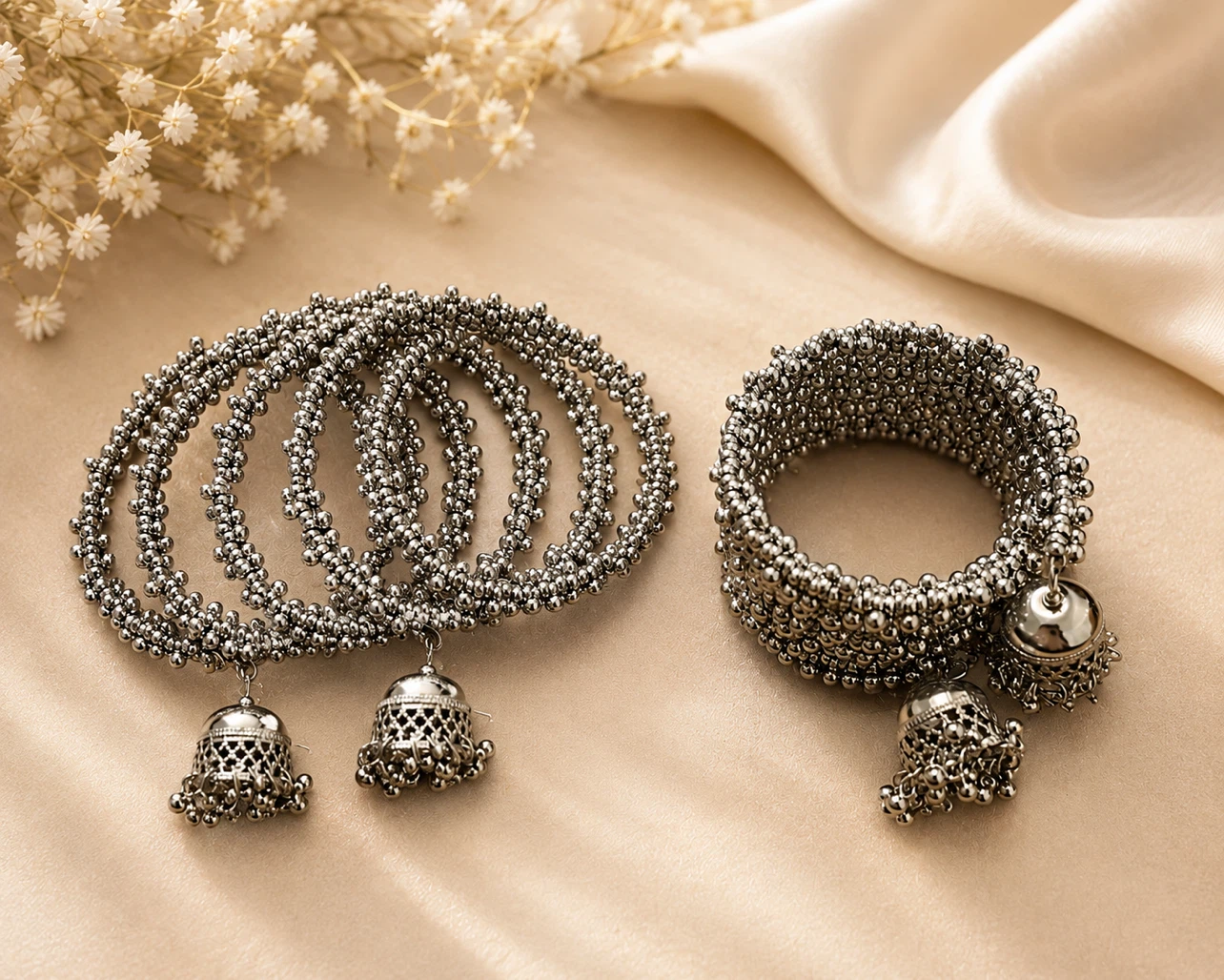 Silver Tone Bracelet Bangles with Jhumka Charms