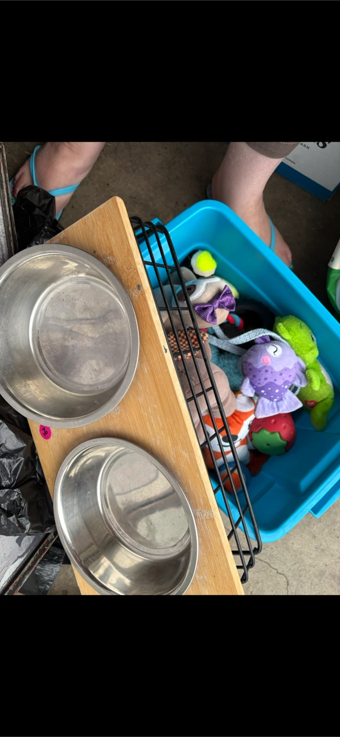 Raised dog dish and lots of dog toys and leashes