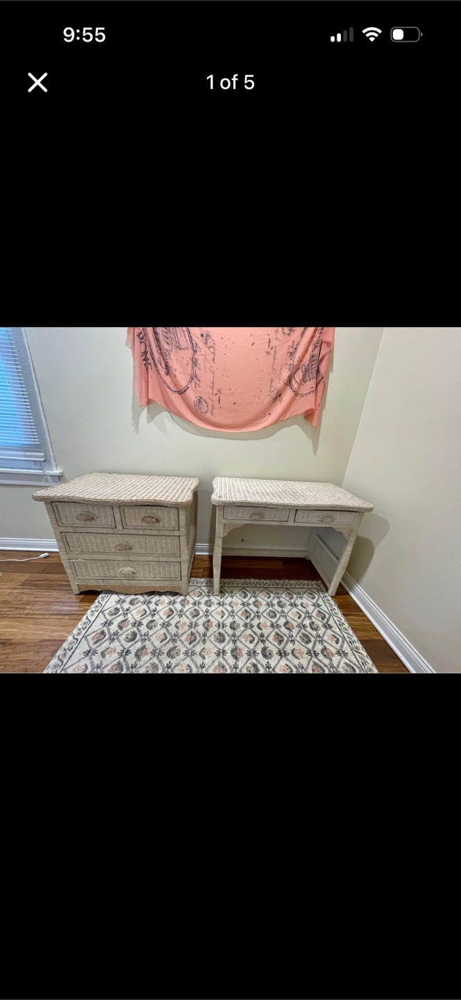Wicker and wood Bedroom Set - Dresser and Desk