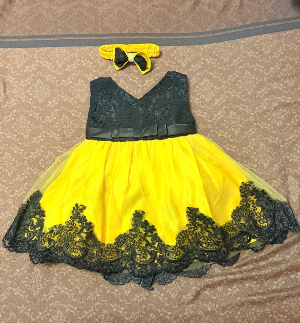 Baby Girl Yellow & Black Lace Dress with Headband