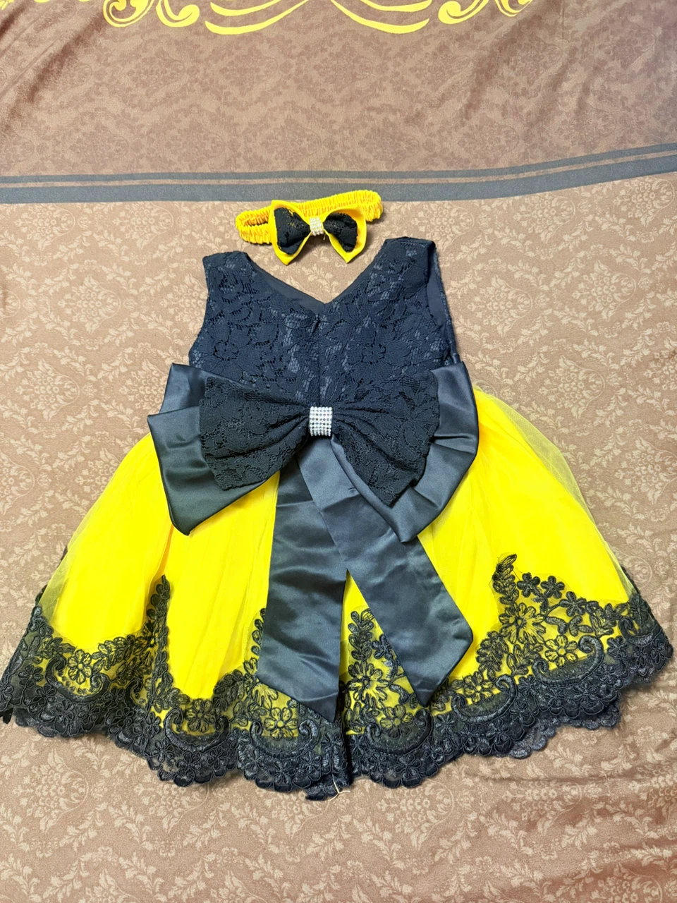 Baby Girl Yellow & Black Lace Dress with Headband - photo 2