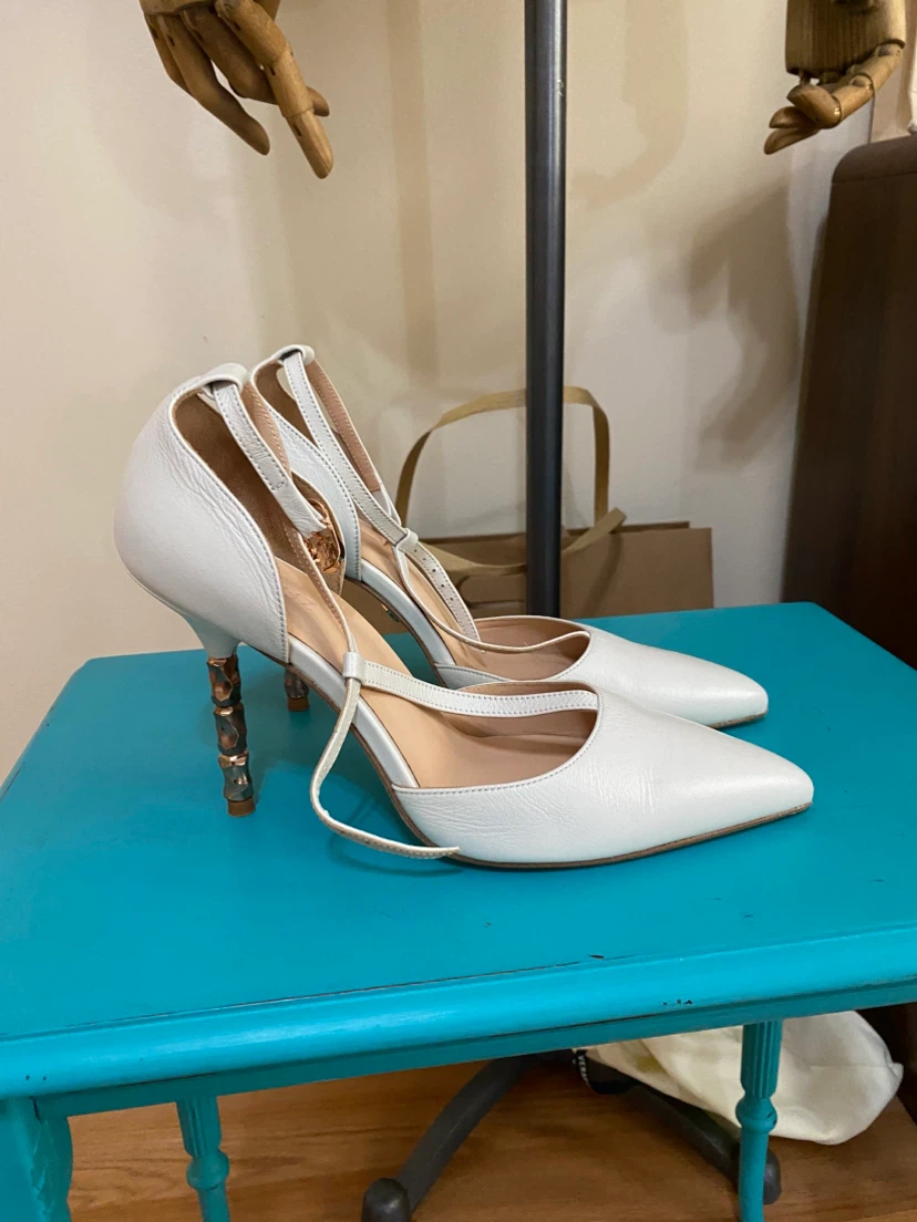 White Leather D'Orsay Heels with Unique Sculptural Heels