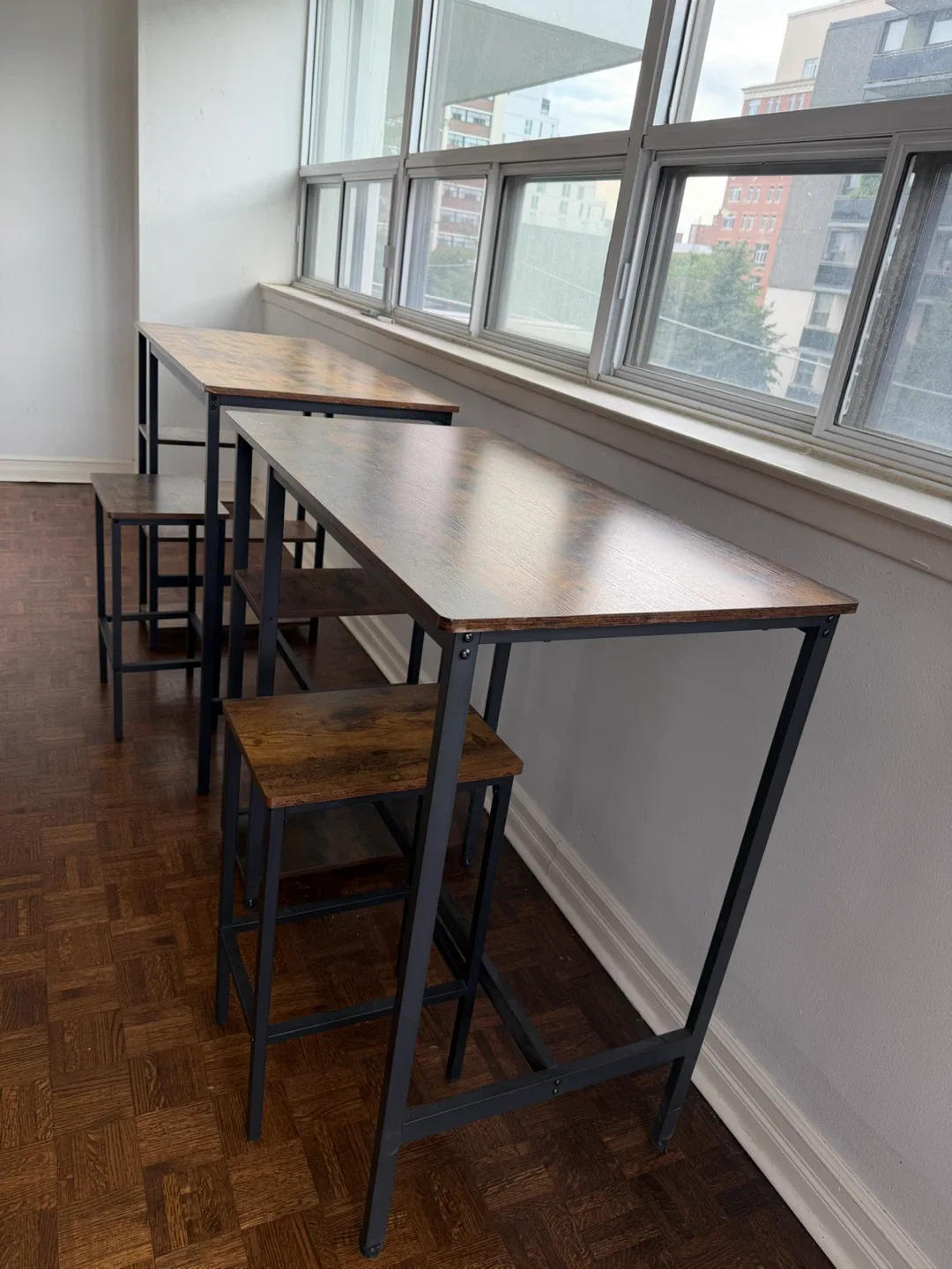 Two Industrial Bar Tables with Matching Stools - photo 2