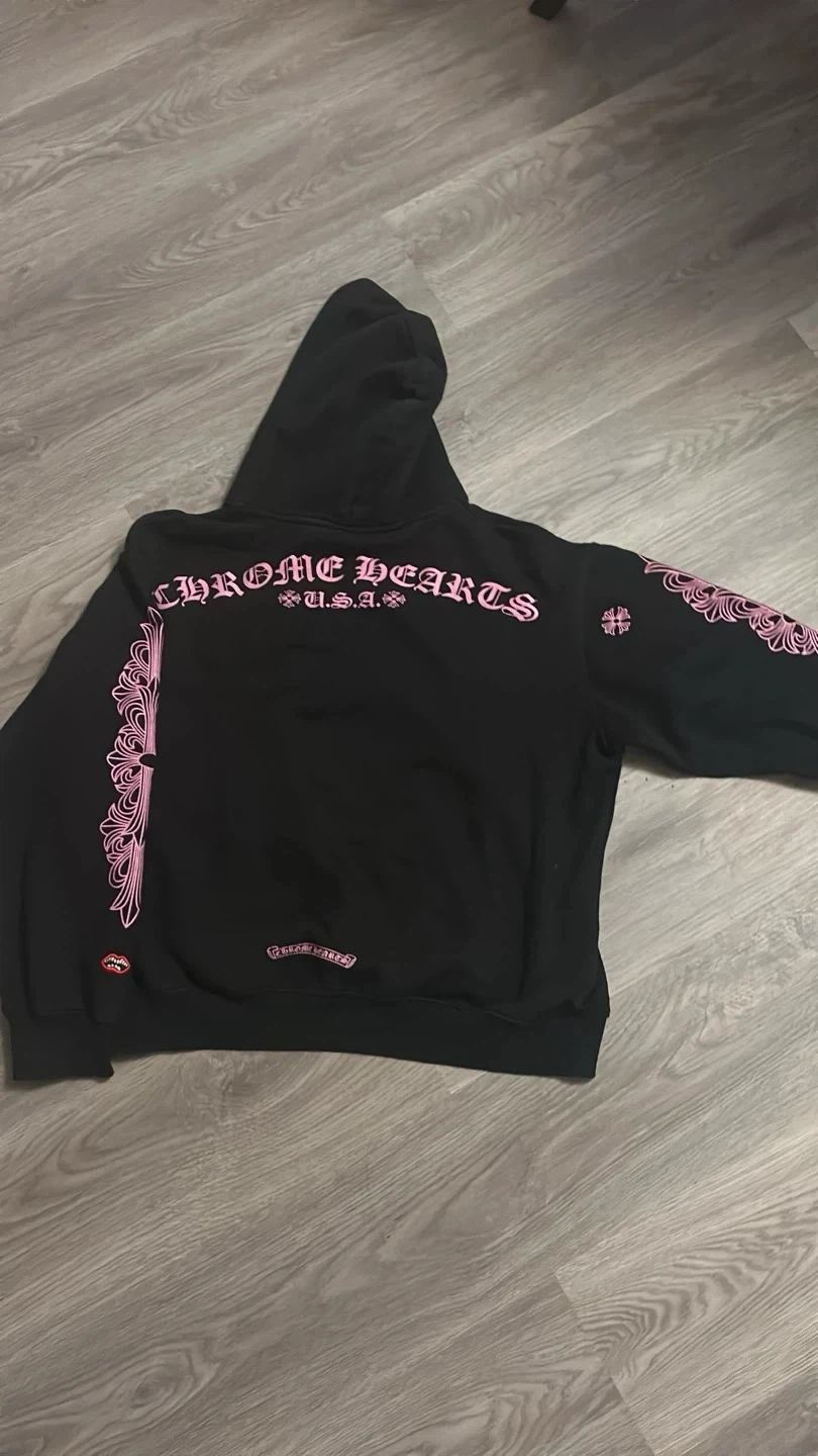 Chrome Hearts Black Hoodie with Pink Graphics
