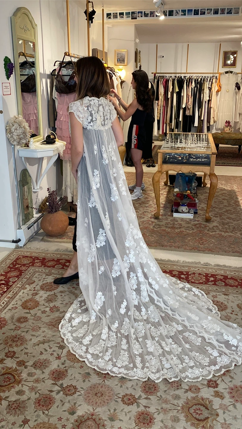 Vintage French White Lace Wedding Dress Train / Cape