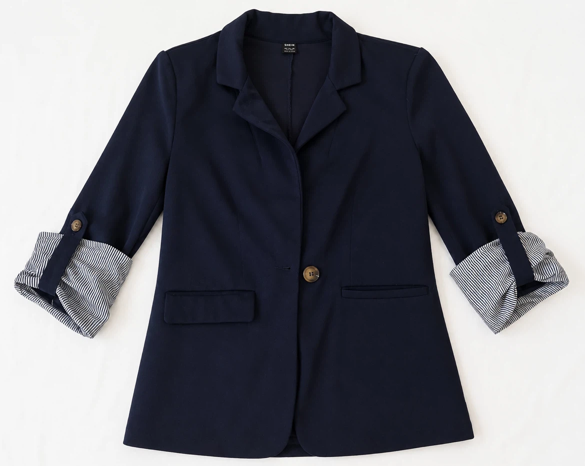 Shein Navy Blazer with Striped Cuffs