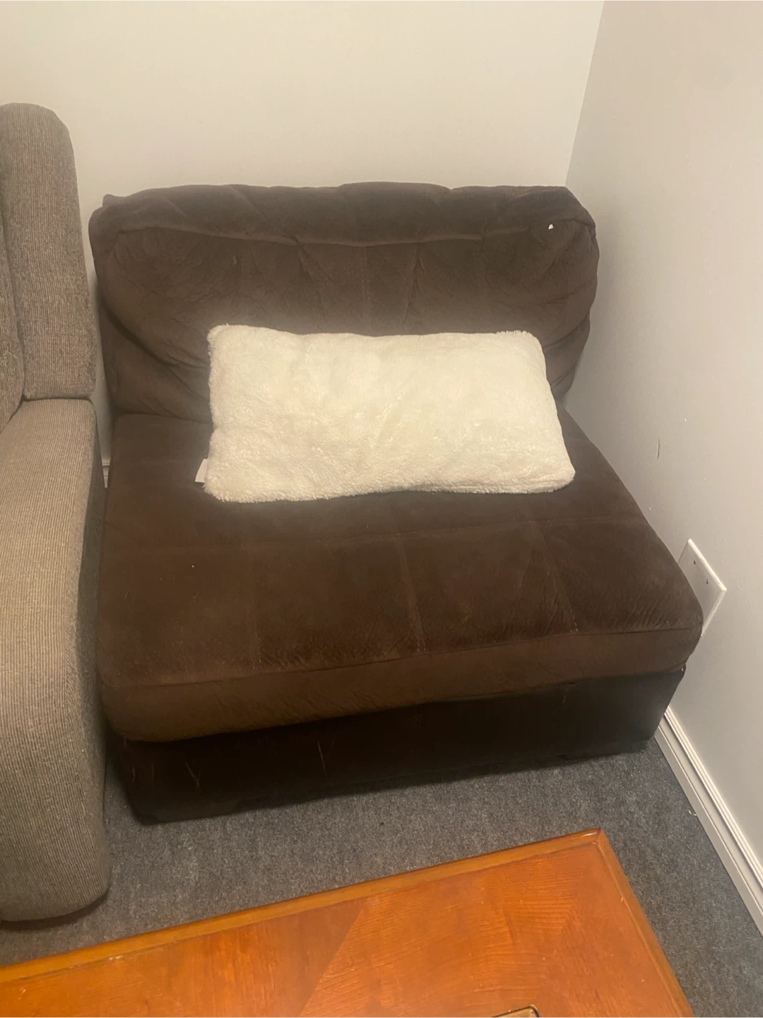 Brown Faux Suede Loveseat with White Pillow