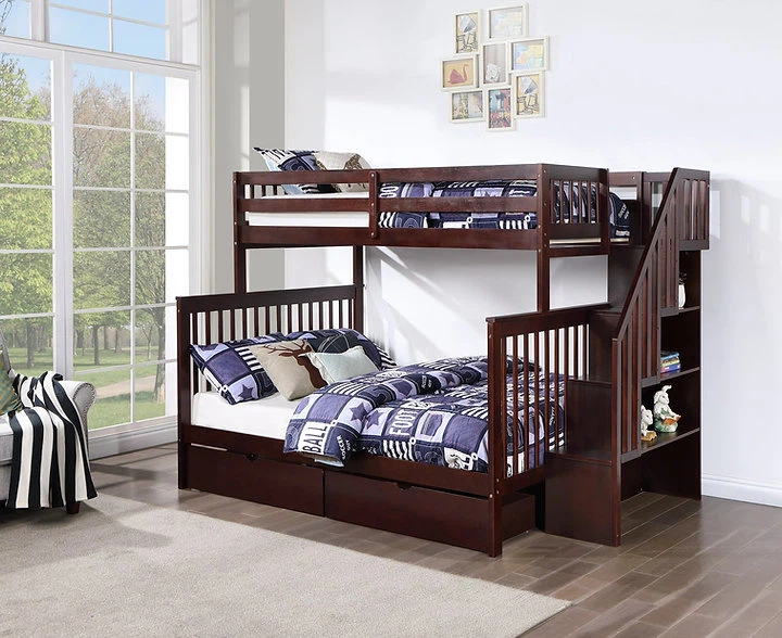 Dark Brown Bunk Bed with Stairs and Storage