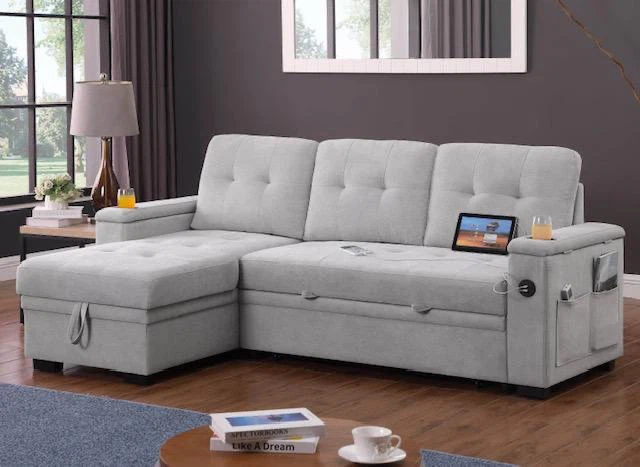 Grey Sectional Sofa with Storage and Pull-out Bed