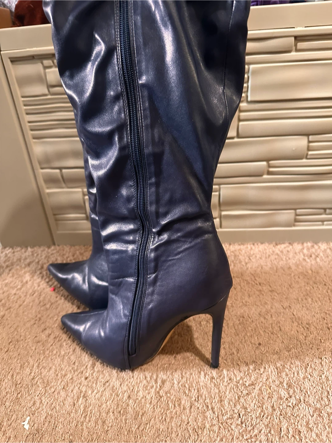 Navy Blue Heeled Knee-High Boots - photo 2