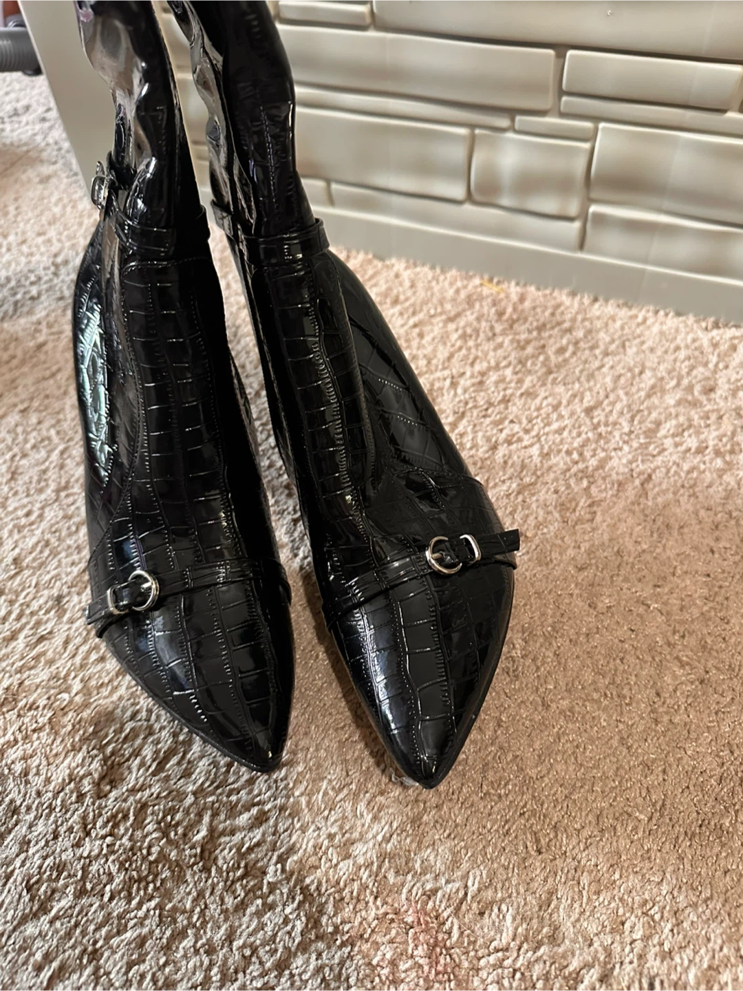 Black Croc-Embossed Patent Heeled Boots