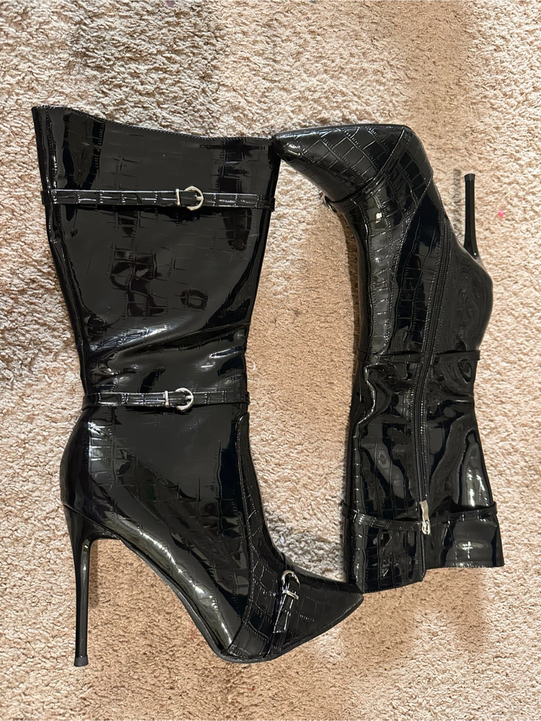 Black Croc-Embossed Patent Heeled Boots - photo 2