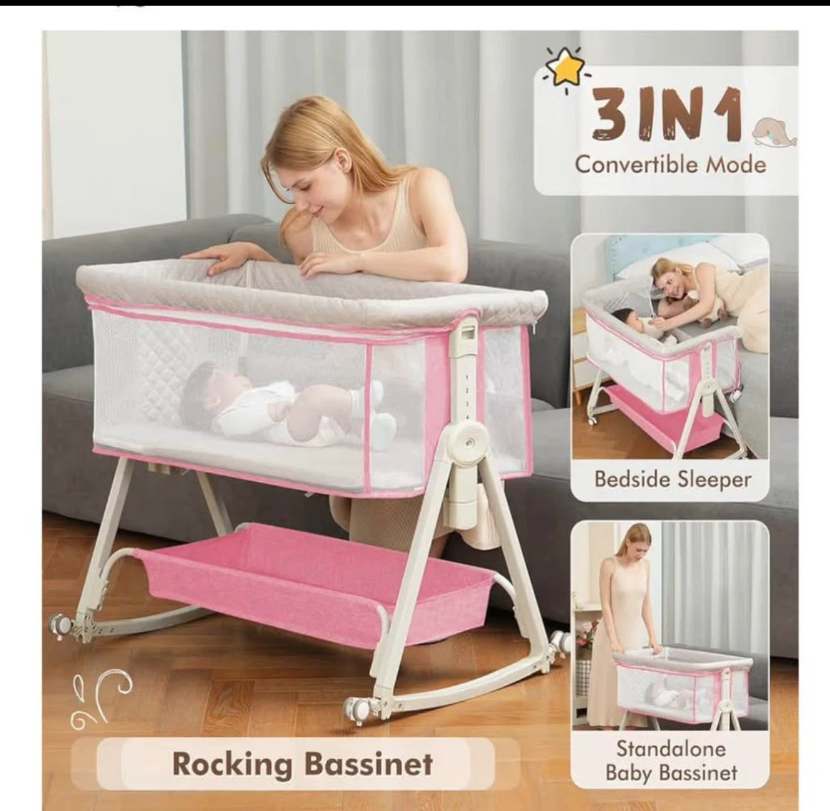 Meichyun Baby Bassinet Bedside Sleeper Light Pink