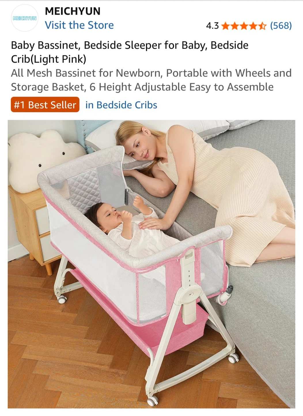Meichyun Baby Bassinet Bedside Sleeper Light Pink - photo 2