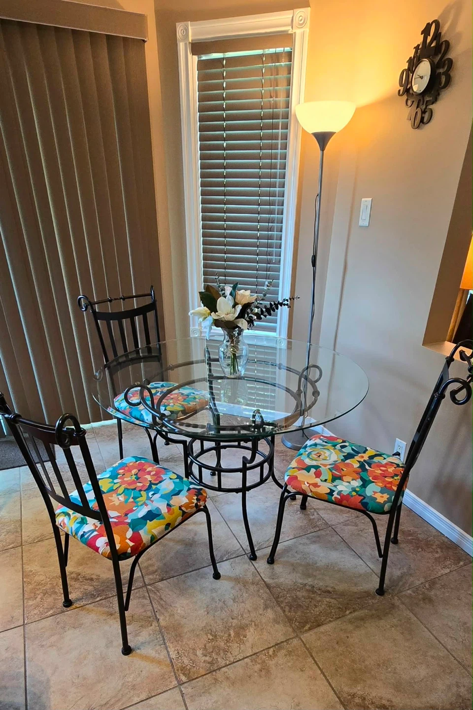 Glass Top Dining Set with Floral Chairs