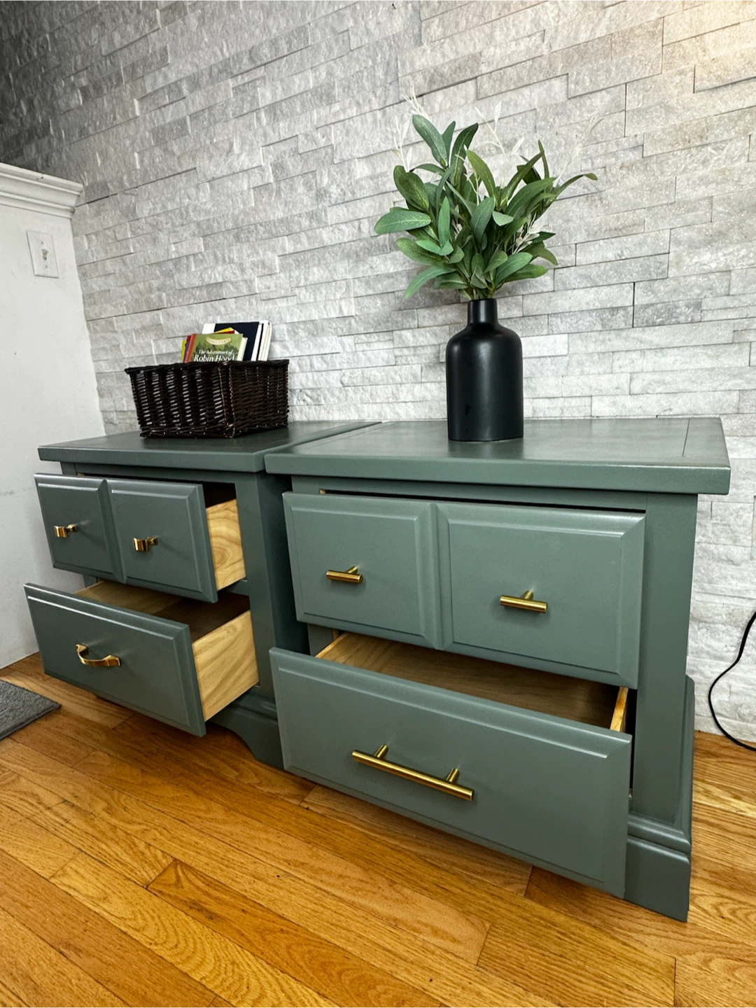 Pair of Green Nightstands with Gold Hardware