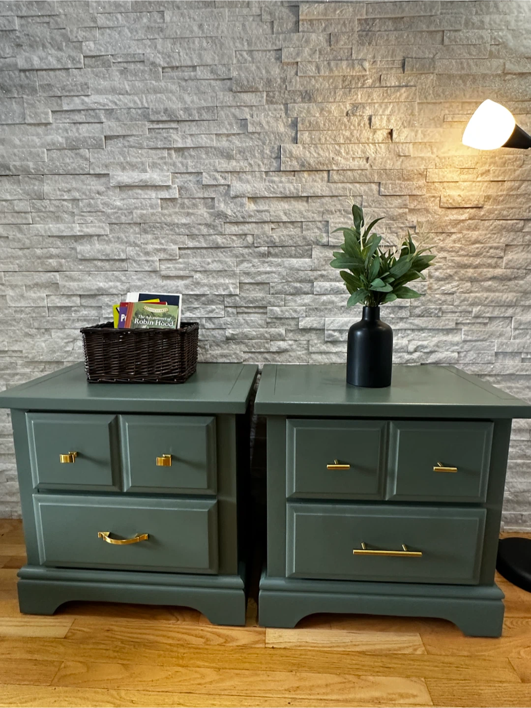 Pair of Green Nightstands with Gold Hardware - photo 2