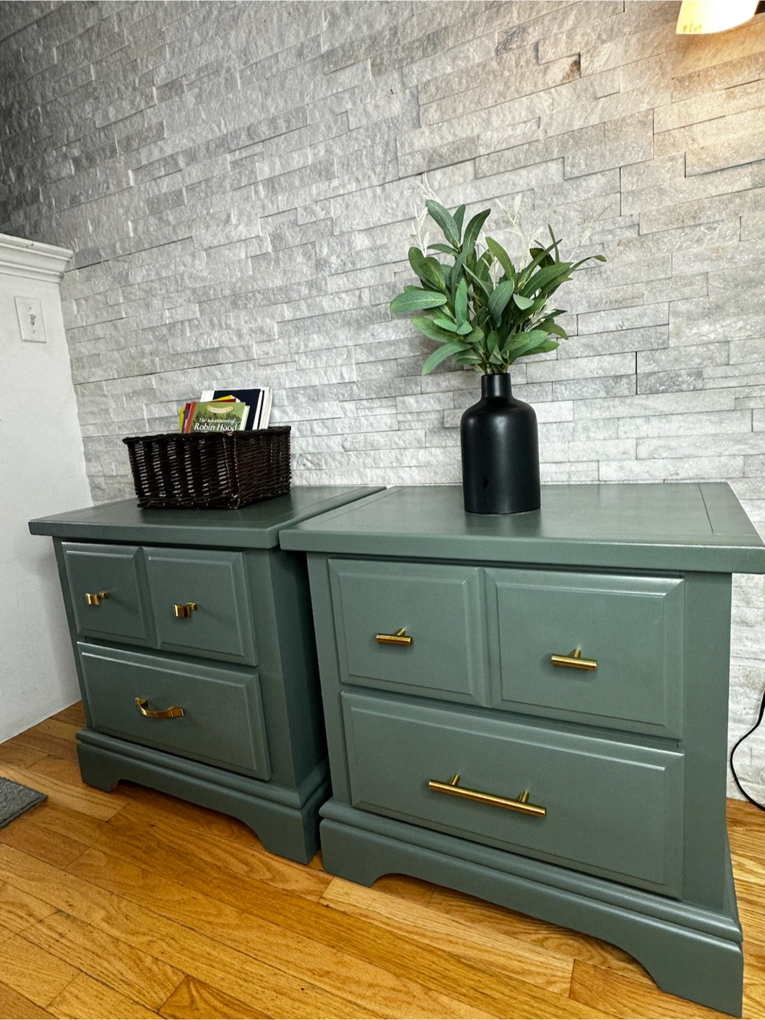 Pair of Green Nightstands with Gold Hardware - photo 3