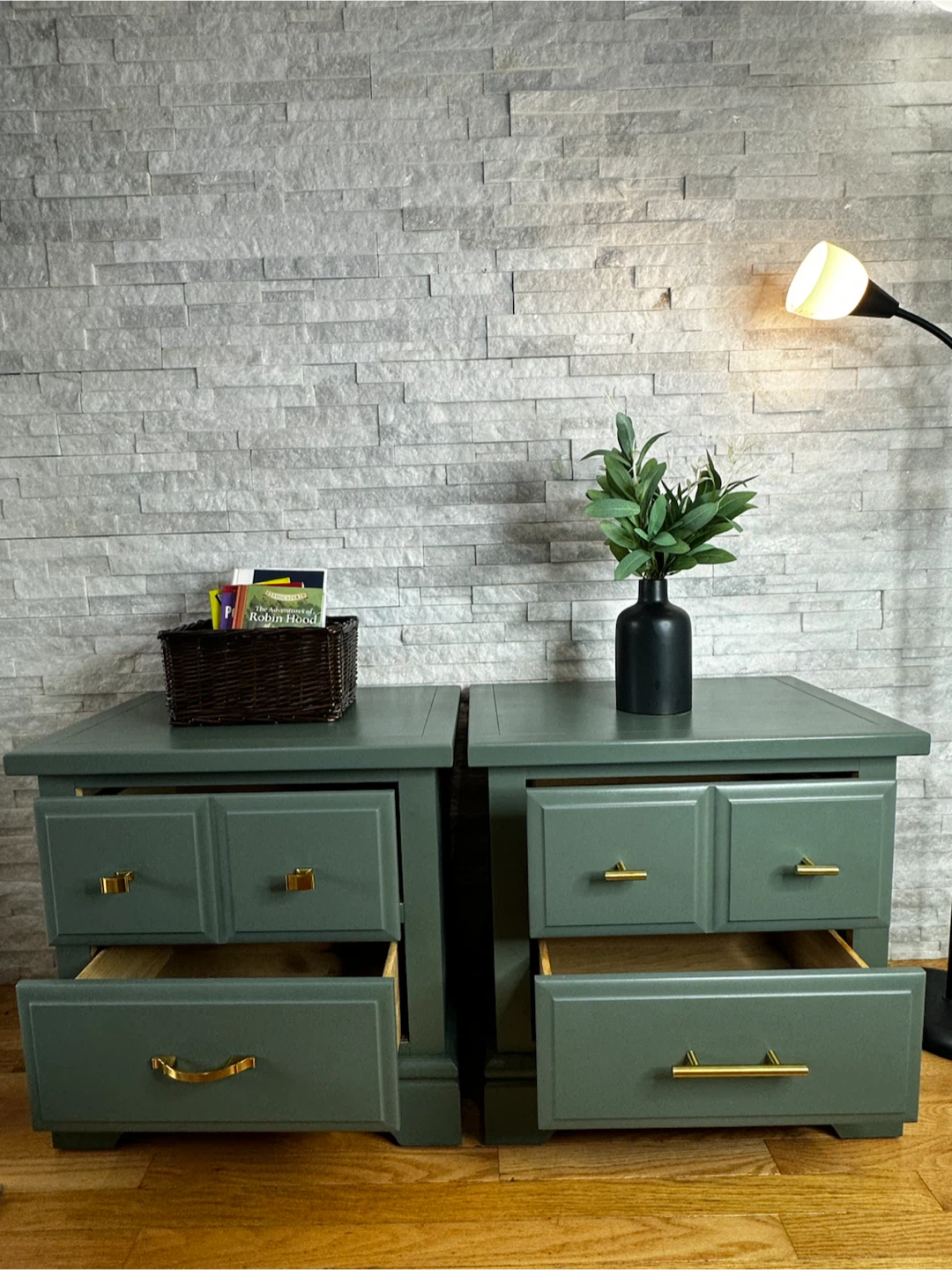 Pair of Green Nightstands with Gold Hardware - photo 5