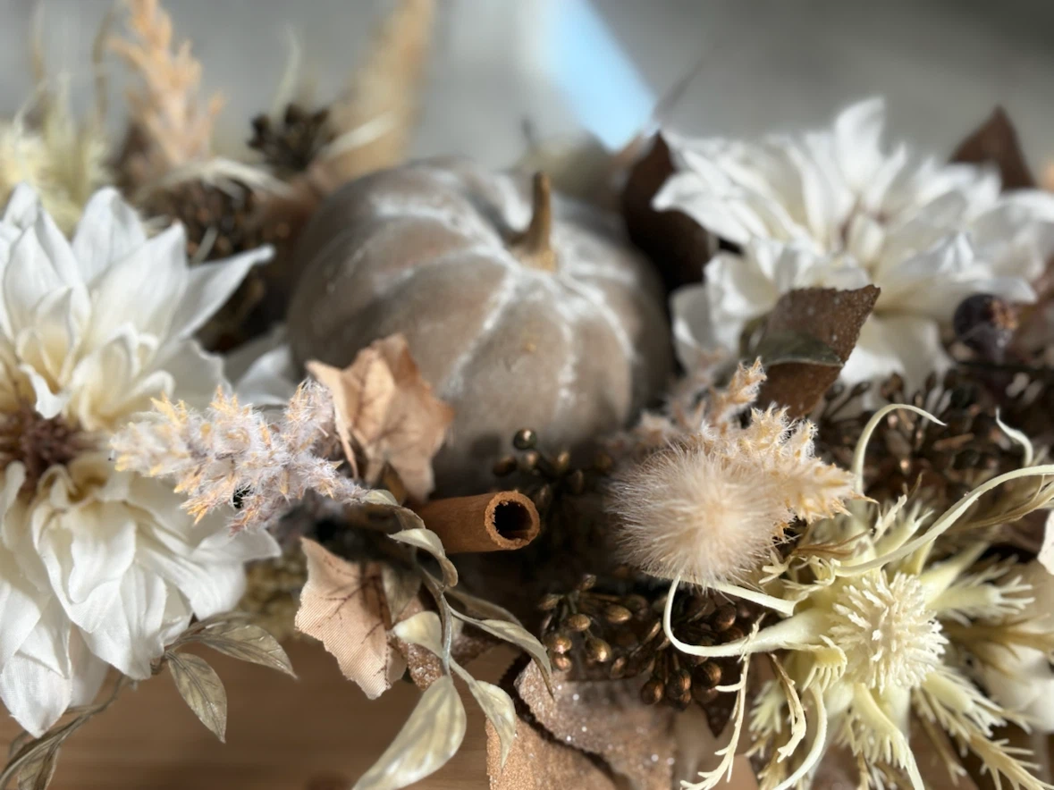 Autumn Floral and Pumpkin Wooden Table Centerpiece