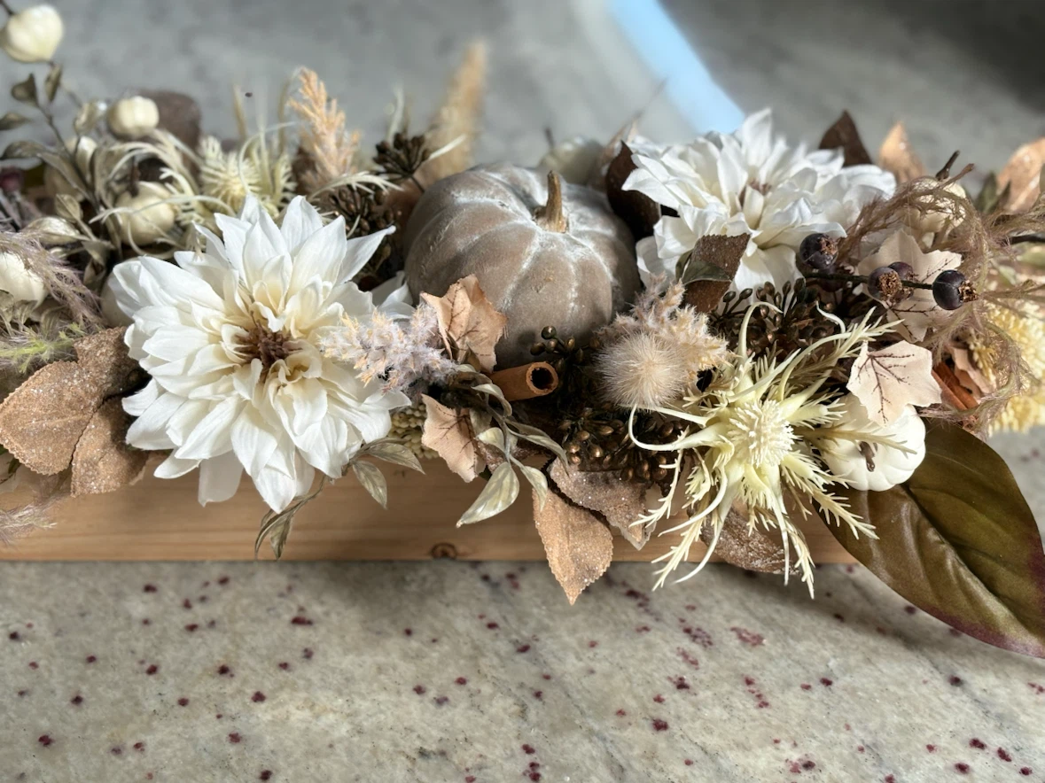 Autumn Floral and Pumpkin Wooden Table Centerpiece - photo 2