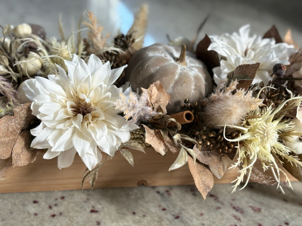 Autumn Floral and Pumpkin Wooden Table Centerpiece - photo 3
