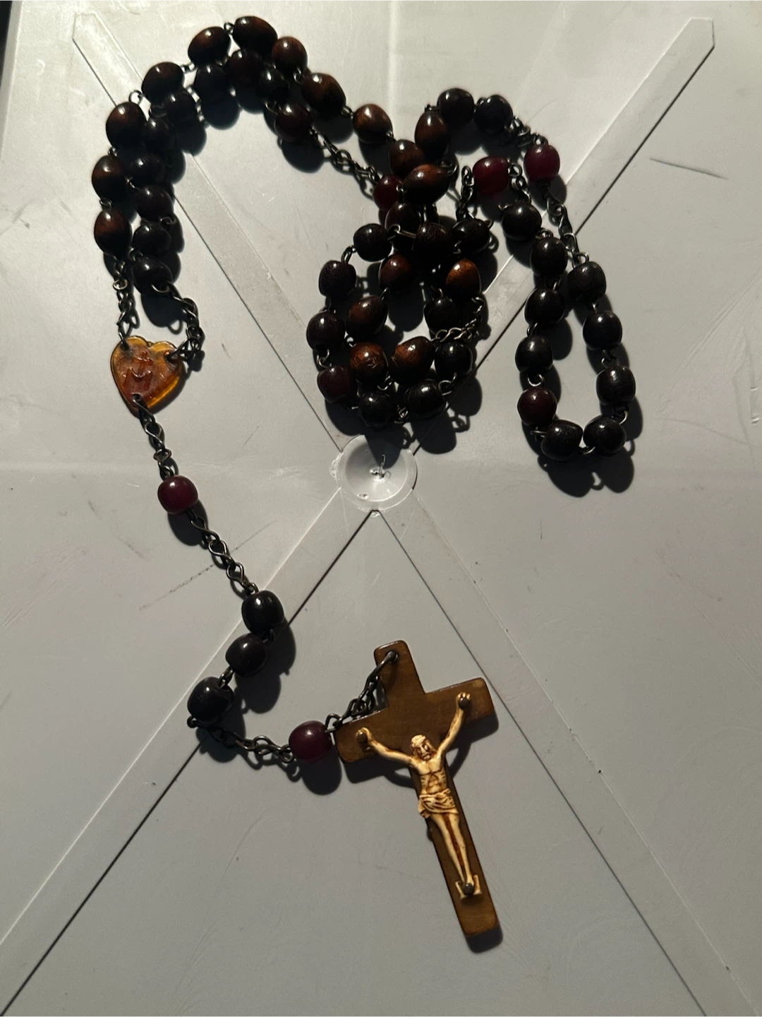 1930s Catholic rosary featuring a butterscotch Bakelite cross