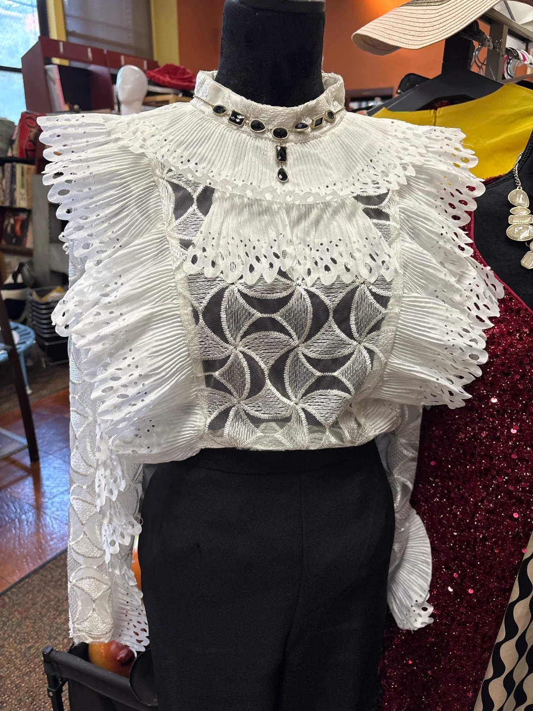 White Lace Ruffle Blouse with Black Jewel Embellishments