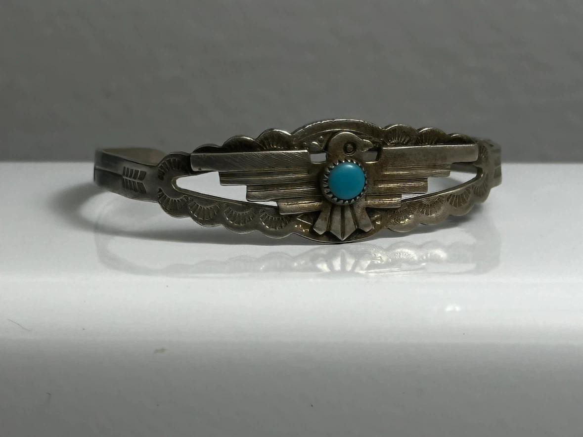 1940s Navajo Sterling Thunderbird Petite Cuff Signed ER