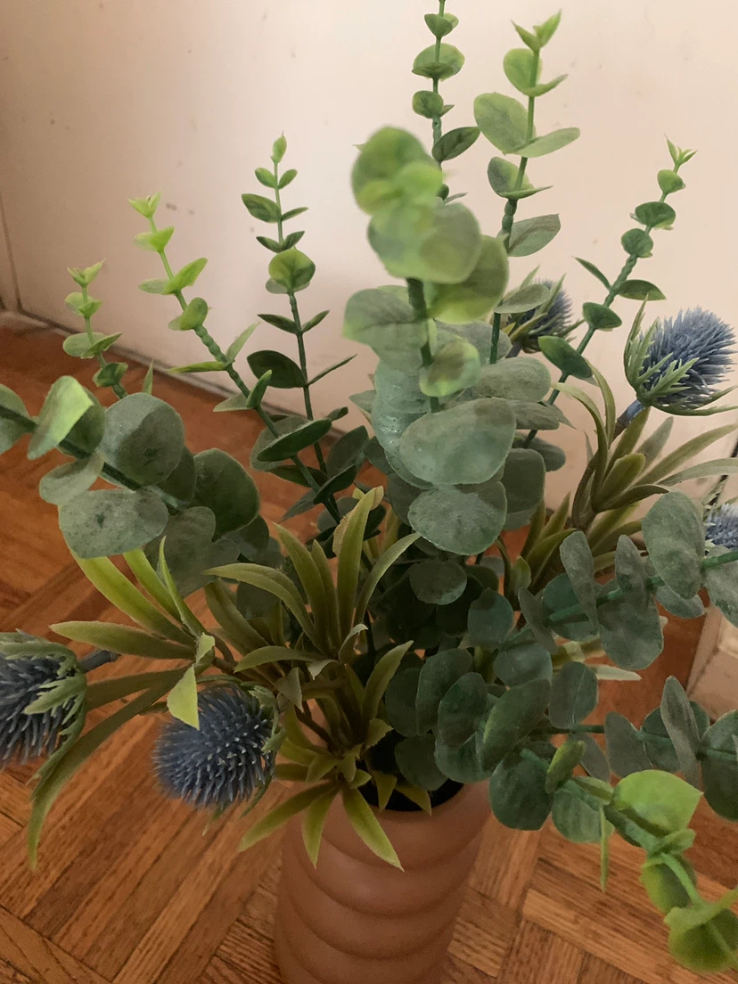 Faux Eucalyptus and Thistle Arrangement in Ceramic Vase - photo 2