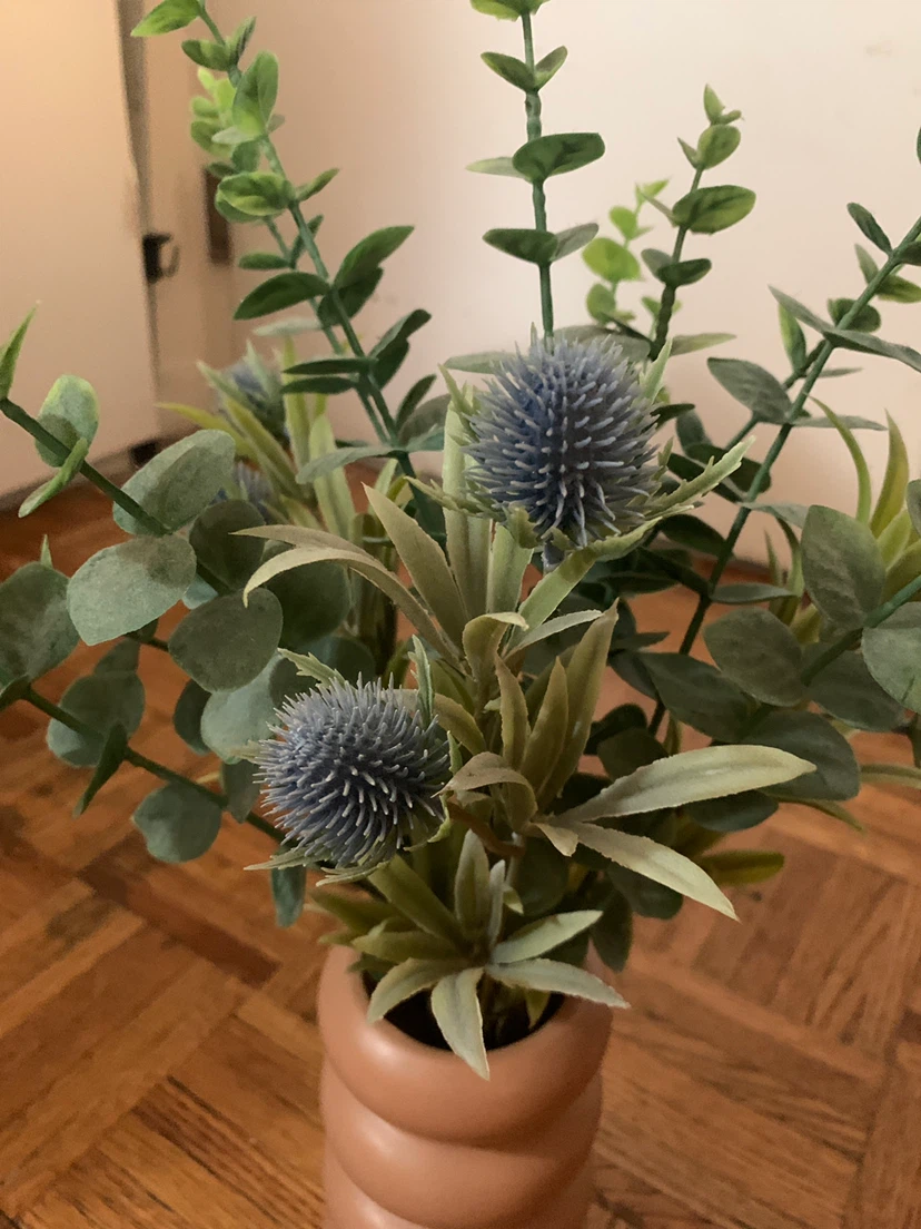 Faux Eucalyptus and Thistle Arrangement in Ceramic Vase - photo 4